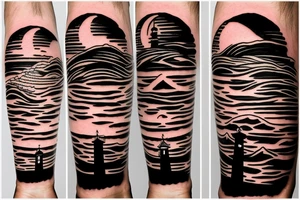 lighthouse with sunset and waves tattoo idea