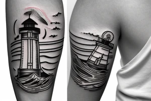 Small lighthouse with sunset and waves  as small tattoo tattoo idea