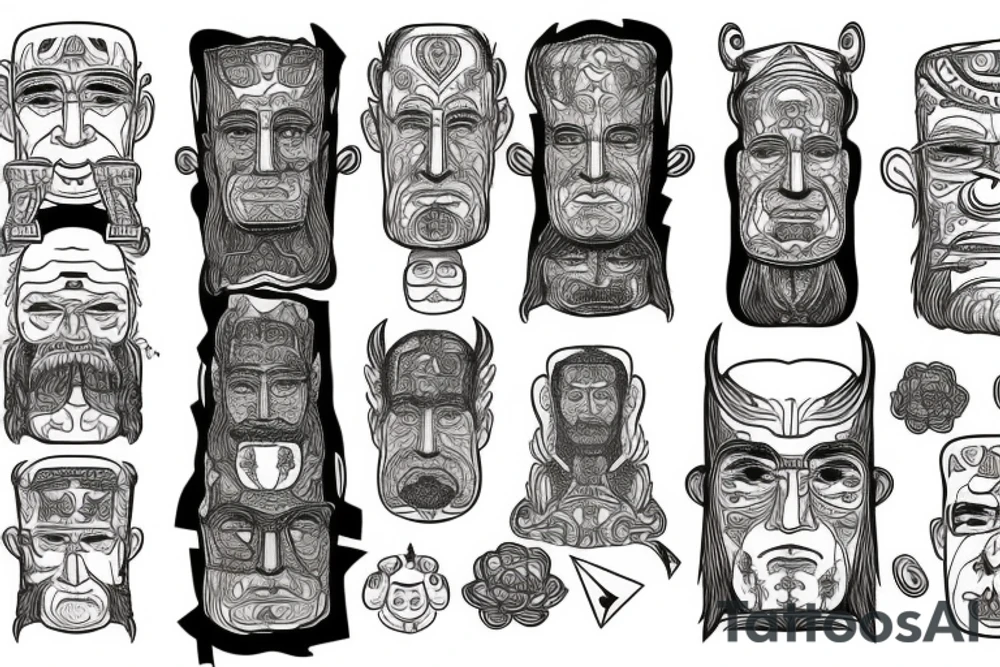The totem pole with faces of Carl Gustav Jung, Herman Hesse and Friedrich Nietzsche tattoo idea