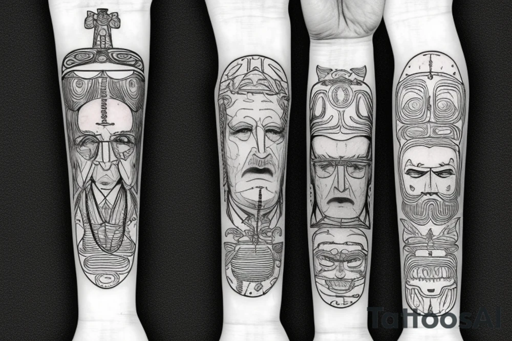 The totem pole with faces of Carl Gustav Jung, Herman Hesse and Friedrich Nietzsche tattoo idea