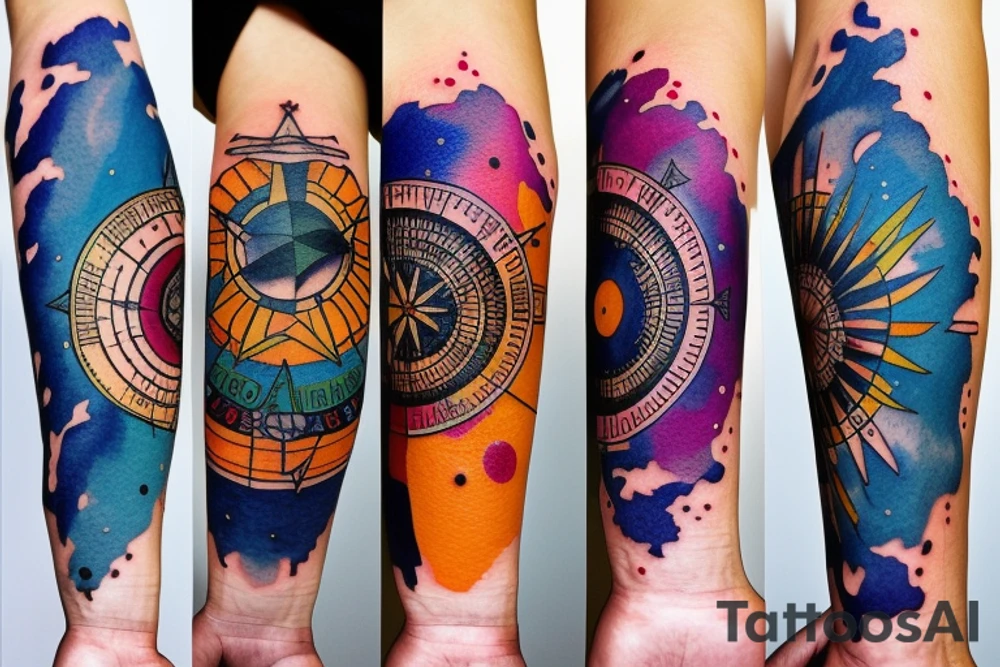Scorpio, Libra, Pisces and compass watercolor tattoo idea