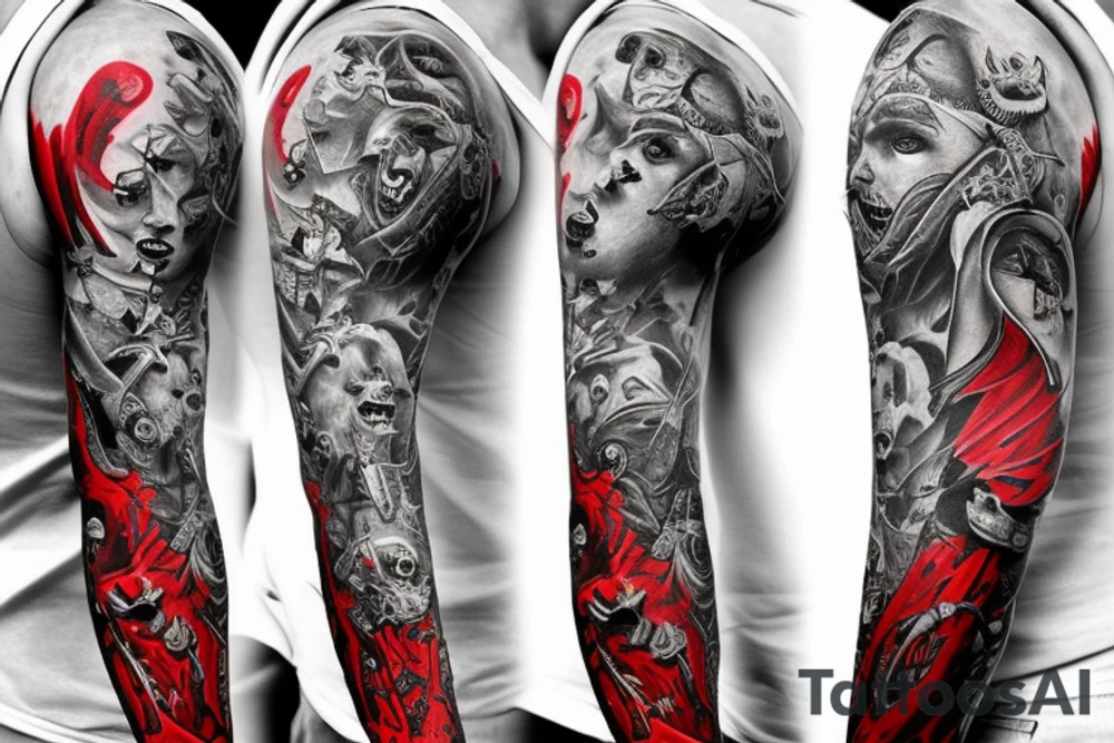 Demons and mechanical sleeve with red accents. tattoo idea