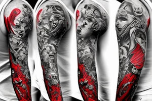 Demons and mechanical sleeve with red accents. tattoo idea
