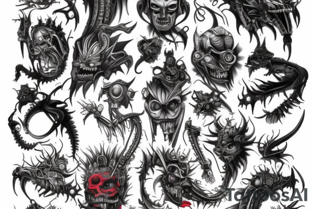 mechanical demons with red accents. tattoo idea