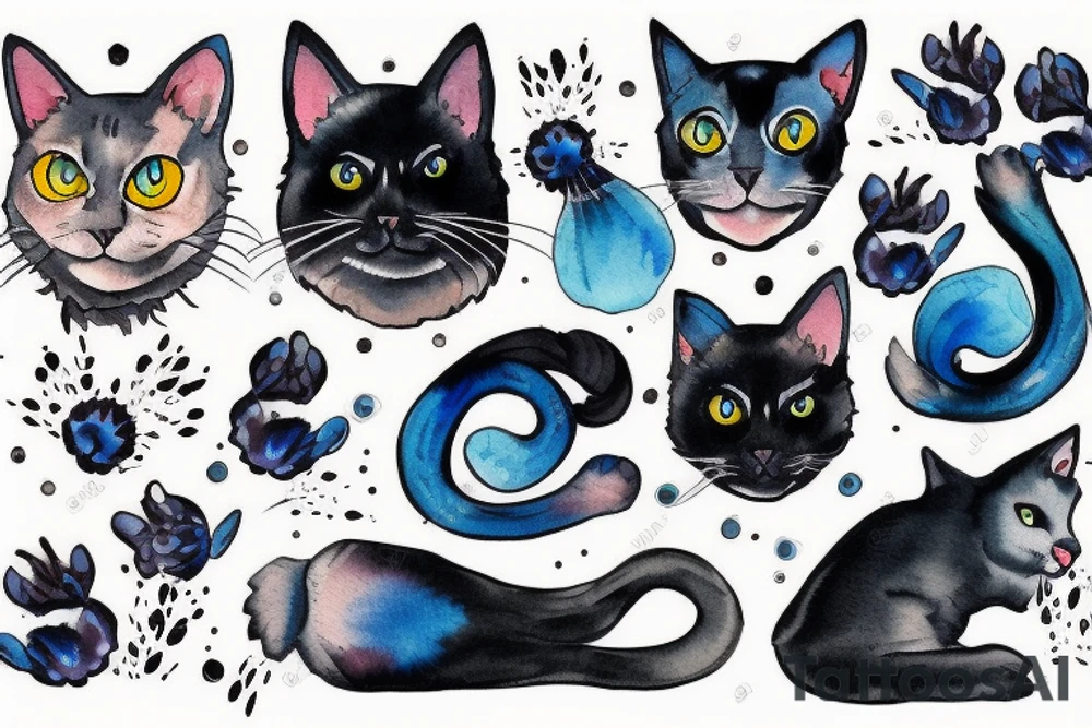 black cat with blue eyes and one white paw tattoo idea