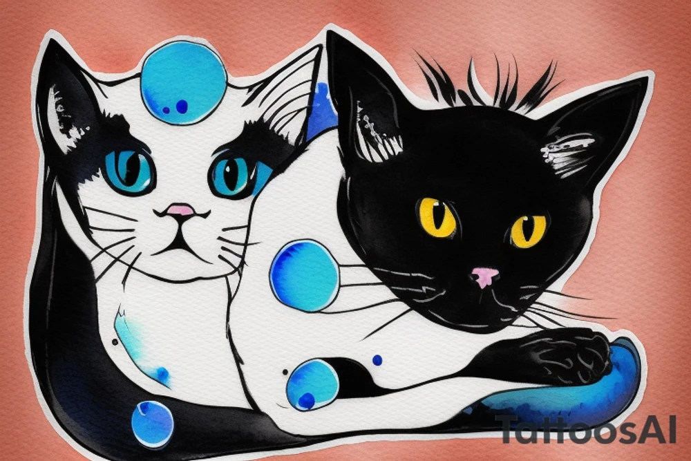 puddle with full black cat with blue eyes one white paw tattoo idea