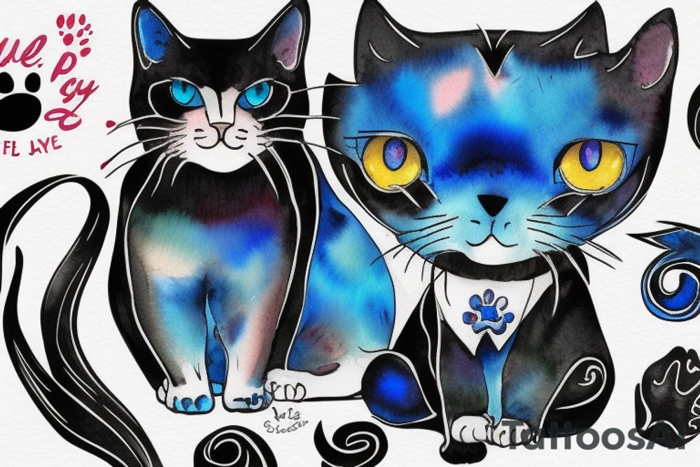 puddle with full black cat with blue eyes one white paw tattoo idea