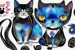 puddle with full black cat with blue eyes one white paw tattoo idea