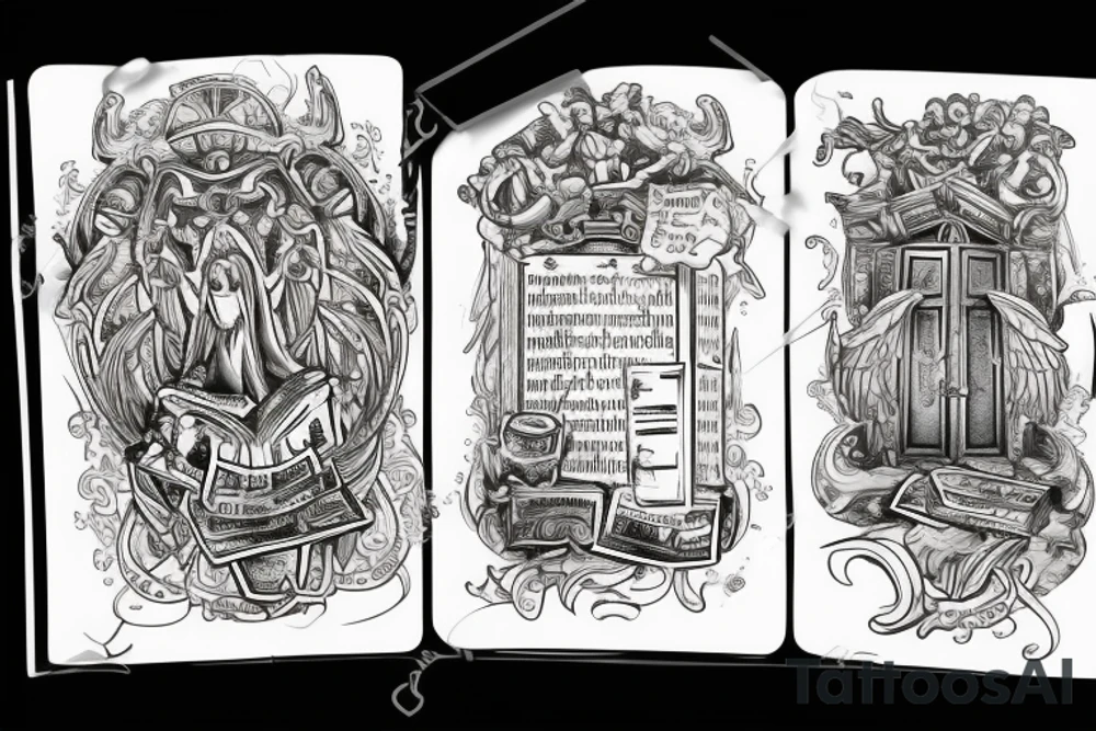 holy gates with clouds surrounding. bible in the middle of the gates with “ink” written on the middle of the bible. tattoo idea