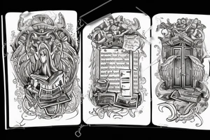 holy gates with clouds surrounding. bible in the middle of the gates with “ink” written on the middle of the bible. tattoo idea