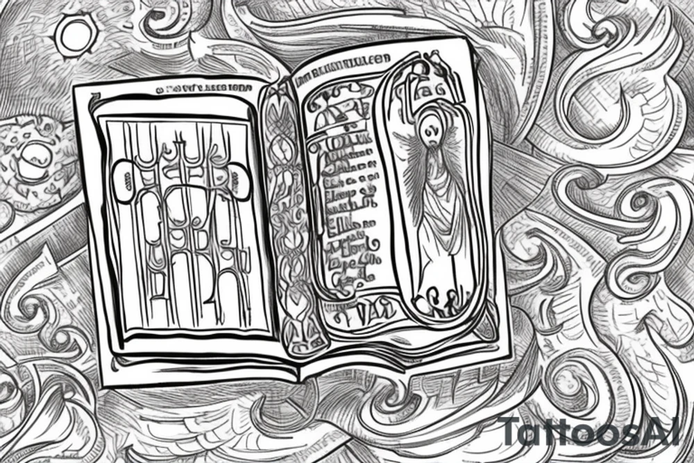 holy gates with clouds surrounding. bible in the middle of the gates with “ink” written on the middle of the bible. tattoo idea
