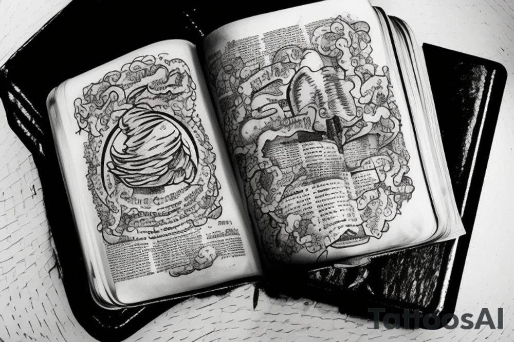 holy gates with clouds surrounding. bible in the middle of the gates with “ink” written on the middle of the bible. tattoo idea