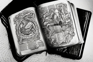 holy gates with clouds surrounding. bible in the middle of the gates with “ink” written on the middle of the bible. tattoo idea