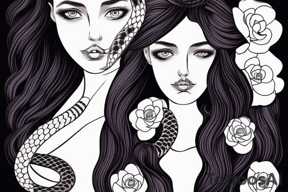 Girl with dark hair AND BLU EYES WITH no pupils two snakes around her. Flower in her hair tattoo idea