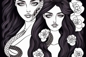 Girl with dark hair AND BLU EYES WITH no pupils two snakes around her. Flower in her hair tattoo idea