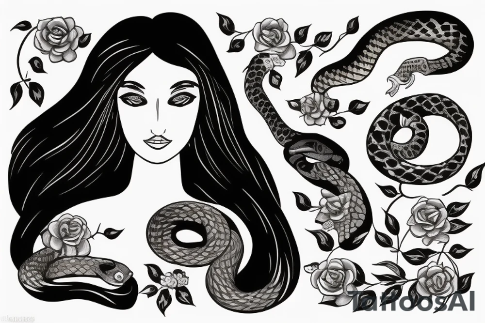Girl with dark hair AND BLU EYES WITH no pupils two snakes around her. Flower in her hair tattoo idea