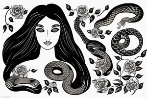 Girl with dark hair AND BLU EYES WITH no pupils two snakes around her. Flower in her hair tattoo idea