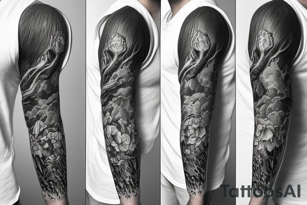 A full Sleeve that has firefighter insparation along the top and finishes with nature along the bottom wrist area tattoo idea