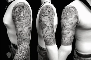 A full Sleeve that has firefighter insparation along the top and finishes with nature along the bottom wrist area tattoo idea