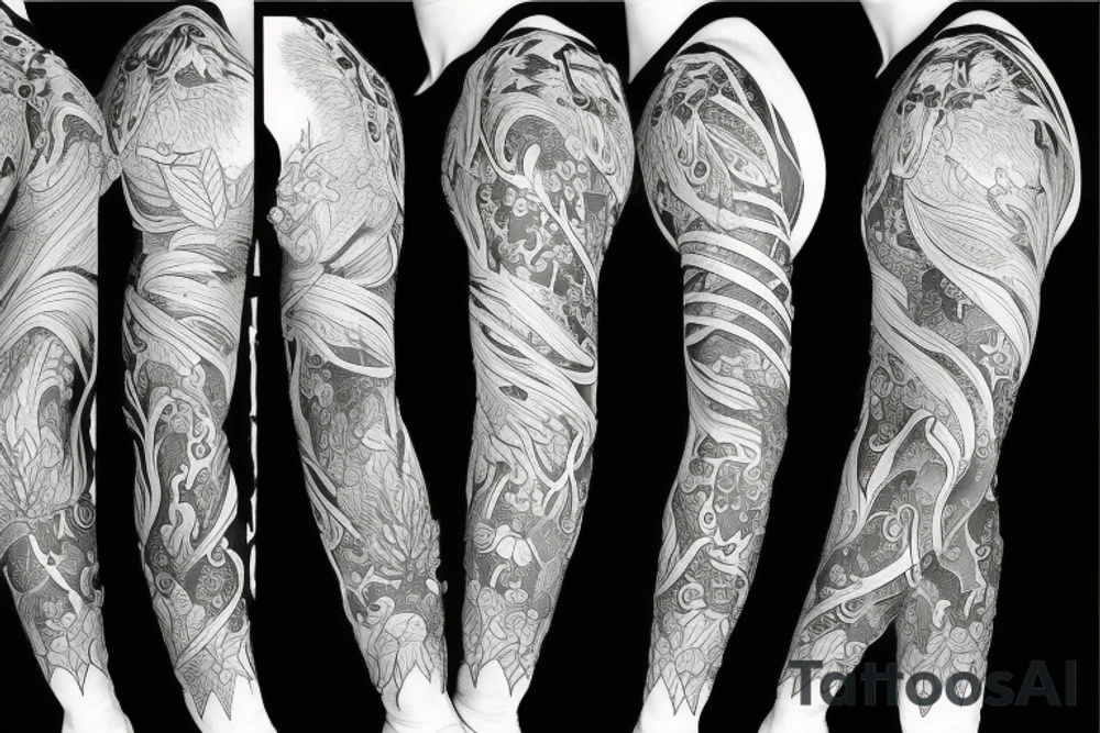 Fire inspired full sleeve mixed with nature tattoo idea