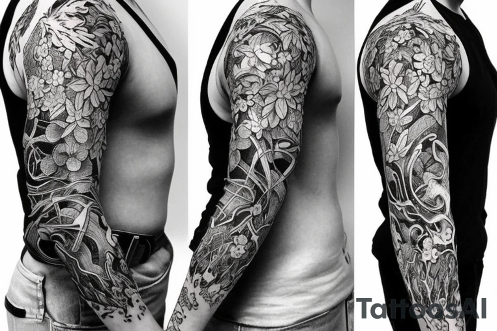 Fire inspired full sleeve mixed with nature tattoo idea