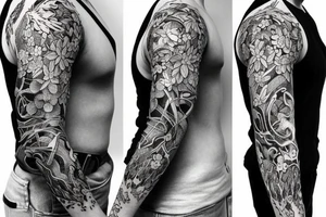Fire inspired full sleeve mixed with nature tattoo idea