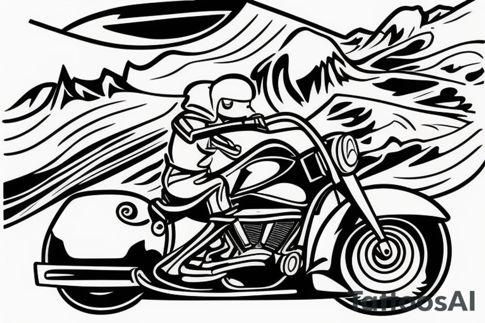 Motor bike driving a road towards a mountain tattoo idea