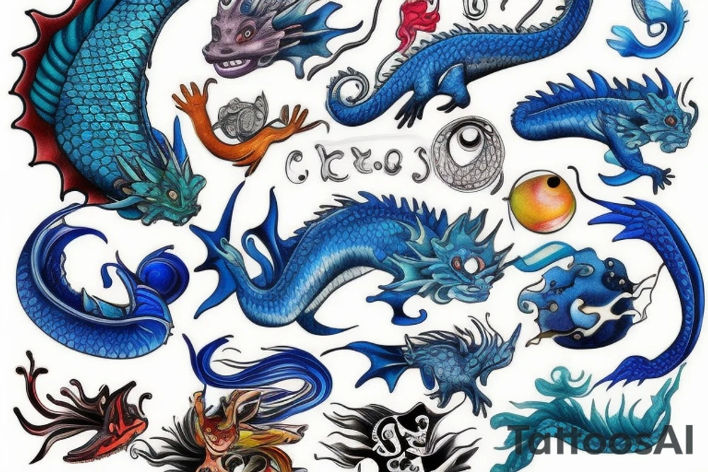 Fish, Dragon, Sea, blue tattoo idea