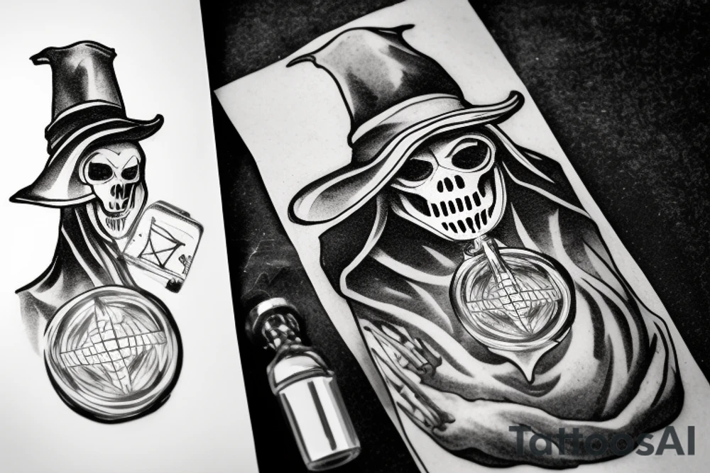 Plague doctor with a vial in front of him. In the vial is a skull and liquid. Smoke flows throughout. tattoo idea