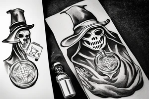 Plague doctor with a vial in front of him. In the vial is a skull and liquid. Smoke flows throughout. tattoo idea