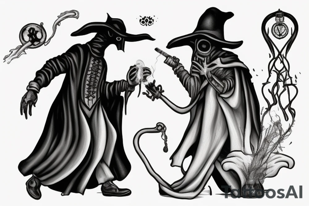 Plague doctor with a vial in front of him. In the vial is a skull and liquid. Smoke flows throughout. tattoo idea