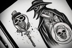 Plague doctor with a vial holding a skull and liquid. tattoo idea