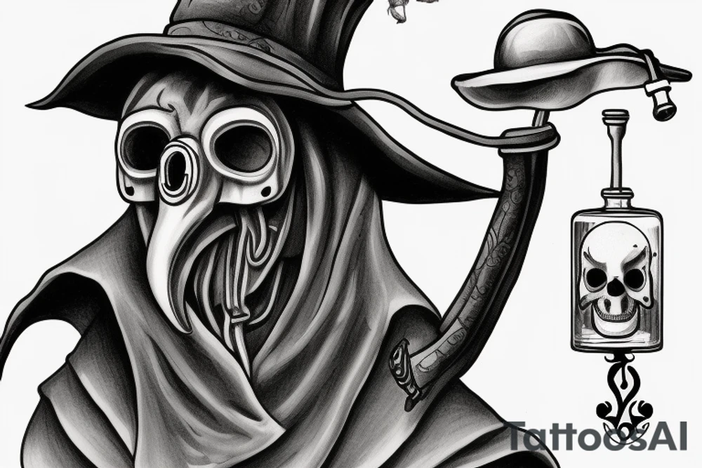 Plague doctor with a vial holding a skull and liquid. tattoo idea