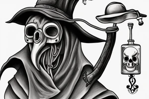 Plague doctor with a vial holding a skull and liquid. tattoo idea