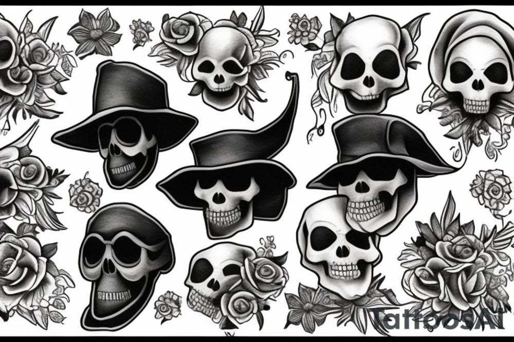 Plague doctor holding a skull with nightshade flowers behind him tattoo idea