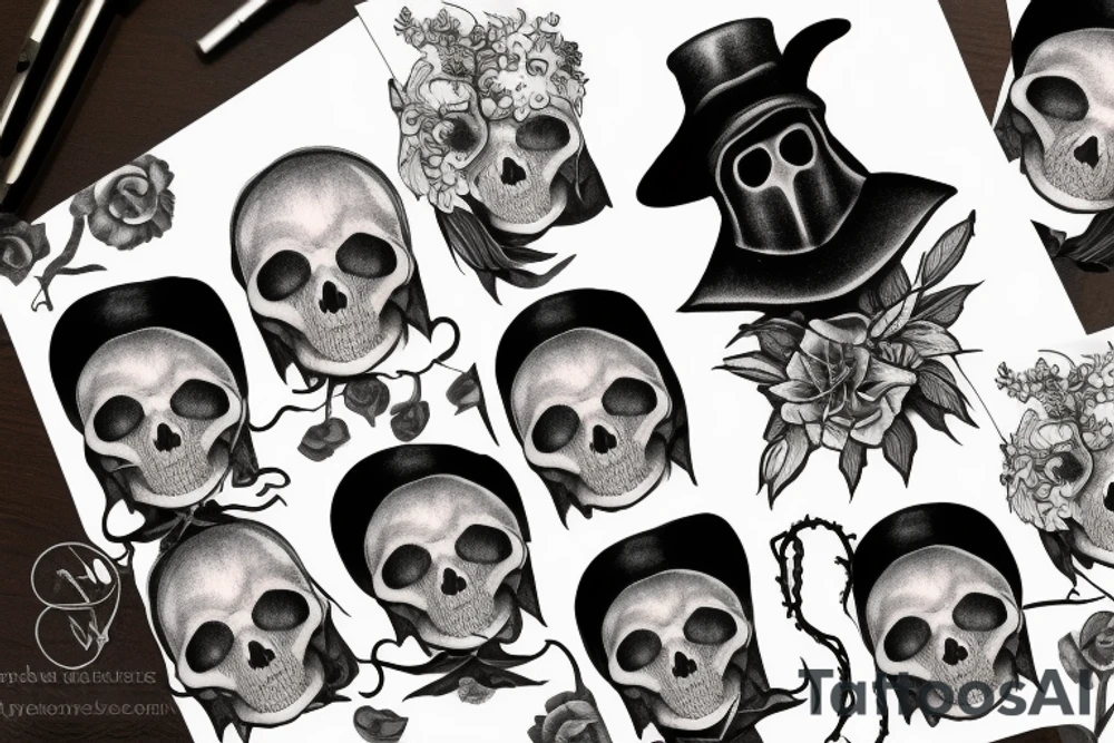 Plague doctor holding a skull with nightshade flowers behind him tattoo idea