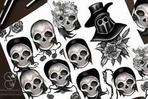 Plague doctor holding a skull with nightshade flowers behind him tattoo idea