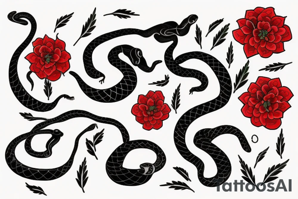 Black snake with red shade flowers and thin gree leaves tattoo idea