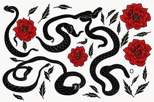 Black snake with red shade flowers and thin gree leaves tattoo idea