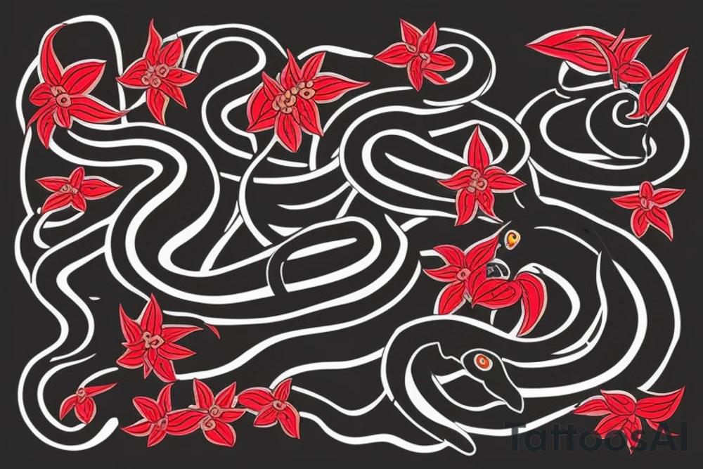 Black snake with red shade flowers and thin gree leaves tattoo idea