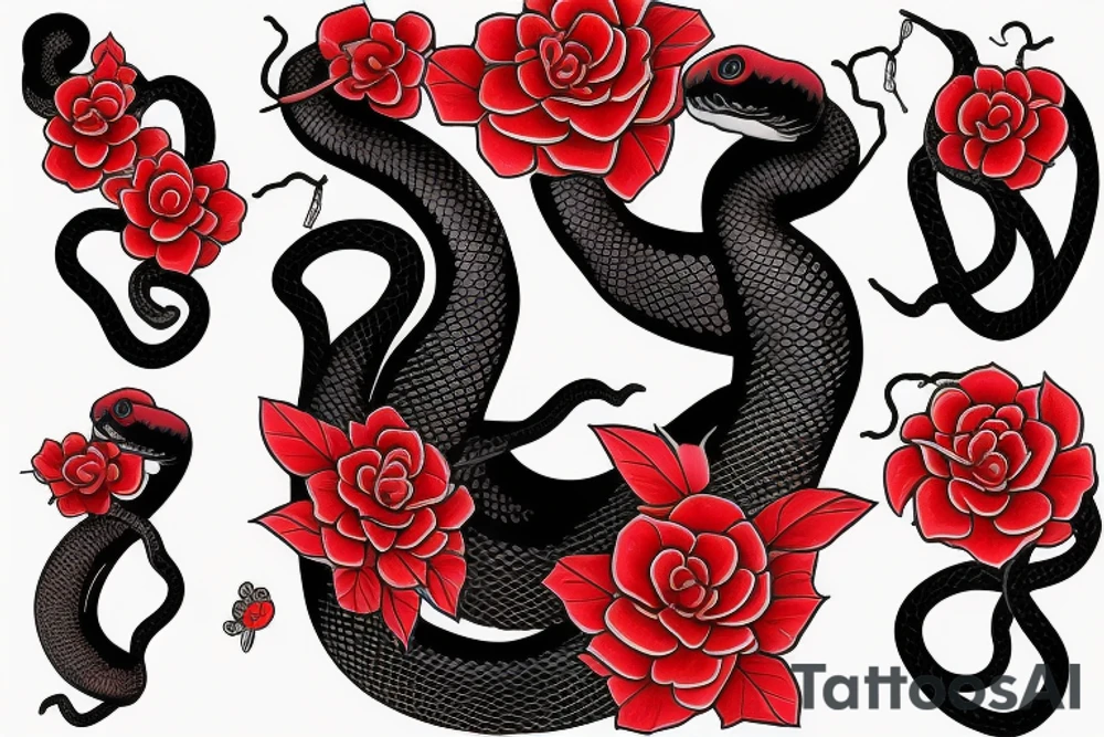 Black snake with red shade flowers and thin gree leaves tattoo idea