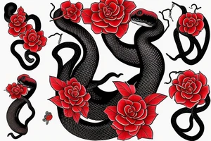 Black snake with red shade flowers and thin gree leaves tattoo idea