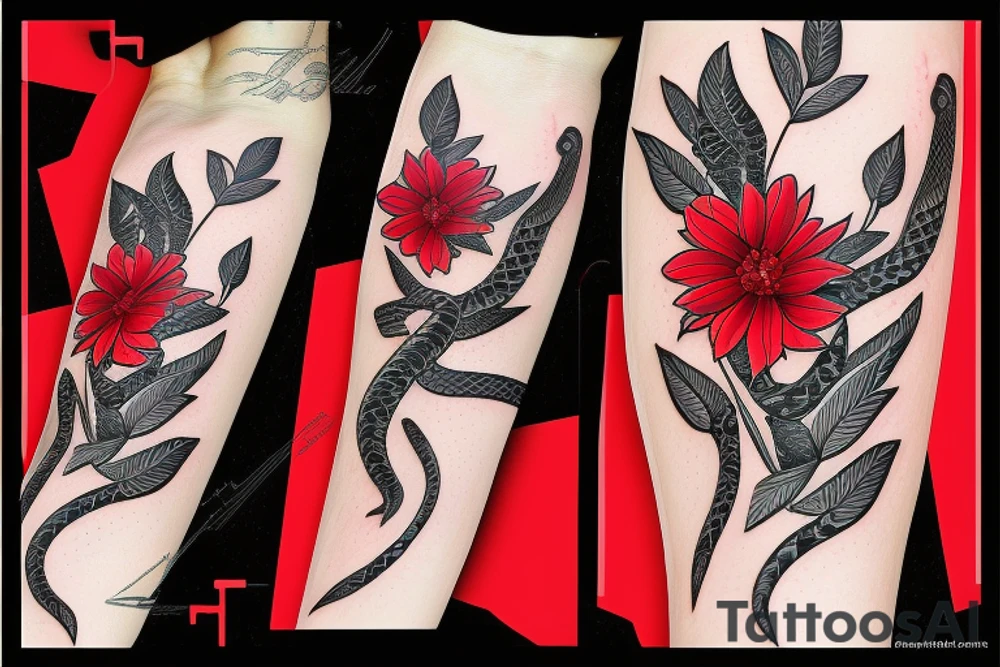 Black snake with red shade flowers and thin gree leaves tattoo idea