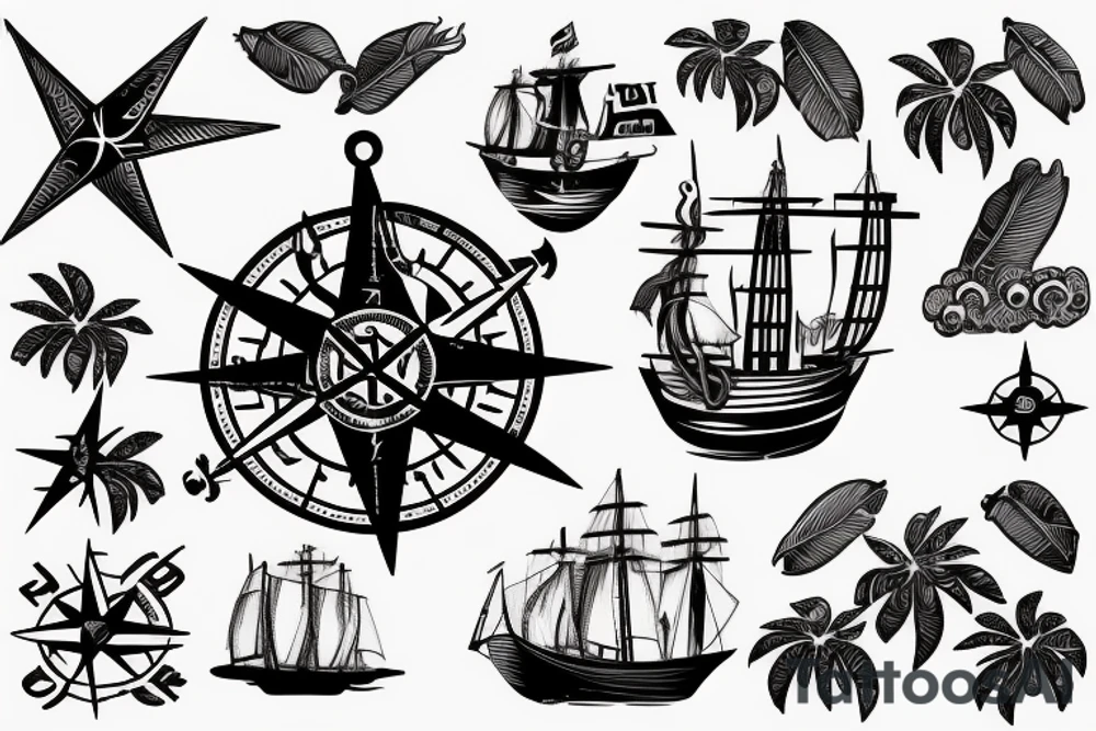 A map of Caribbean islands with a pirate ship, compass and palm leaves tattoo idea
