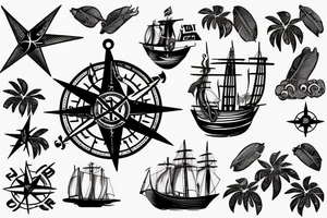A map of Caribbean islands with a pirate ship, compass and palm leaves tattoo idea