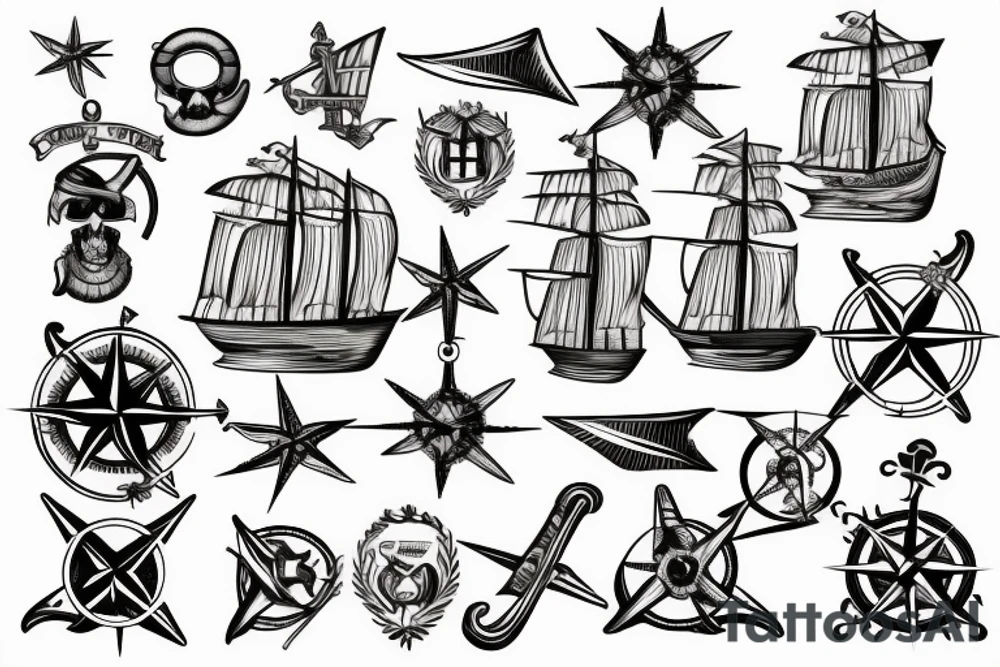 A map of Caribbean islands with a pirate ship, compass and palm leaves tattoo idea
