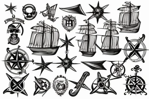 A map of Caribbean islands with a pirate ship, compass and palm leaves tattoo idea