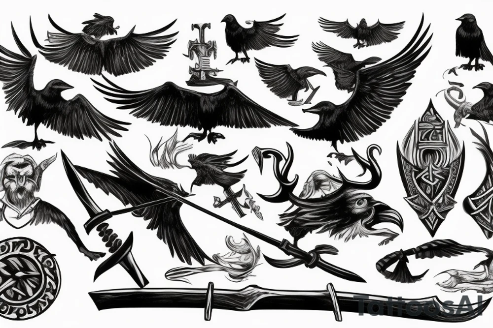 Viking theme, the obligatory presence of an axe, a raven, Odin, floating in the sea drakkar tattoo idea