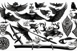 Viking theme, the obligatory presence of an axe, a raven, Odin, floating in the sea drakkar tattoo idea