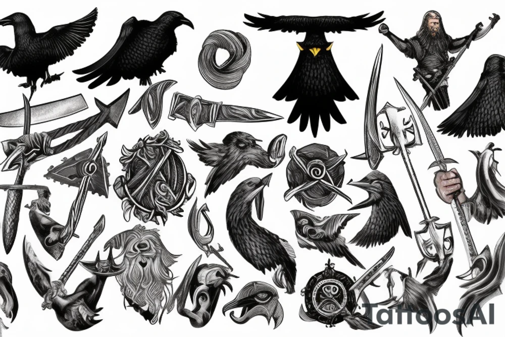 Viking theme, the obligatory presence of an axe, a raven, Odin, floating in the sea drakkar tattoo idea